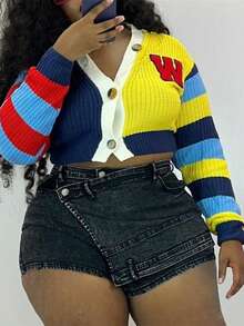 Spring Summer Loose Plus Size Street Colourblock Women Seweaters V-Neck Striped Long Sleeve Letter W Button Women Cardligans Y2k For Women - Multicolor - View 4