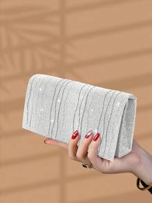 Glamorous Shiny Solid Color New Ladies Clutch Bag, Fashionable And Elegant Flap Small Square Bag With Hidden Card Slot Compartment, Perfect Party/Bride/College Student Evening Bag, Best Gift For Women - Silver - View 4