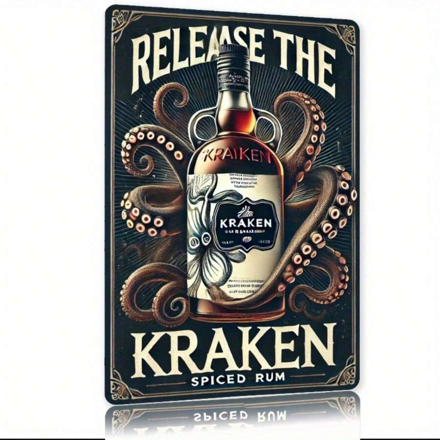 1pc Kraken Spiced Rum Metal Sign, 2D Flat Design Wall Art Decor, Suitable For Home, Office, Bar, Cafe, Indoor & Outdoor Use, Ideal Gift, Random Hole Pattern - Multicolor - View 1
