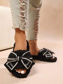 shensongni 女士蝴蝶结拖鞋，毛绒材质，舒适卧室/公寓拖鞋，四季皆宜，女士室内拖鞋，轻便时尚人字拖，露趾拖鞋，黑色 - 黑色 - 查看 10