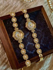 1pc New Luxury Pearl & Rhinestone Inlaid Elegant Retro Fashion Women's Watch, Oval Mother-Of-Pearl Dial , Suitable For Daily Wear, Parties, Vacation & Outings - Một cỡ - Xem 6