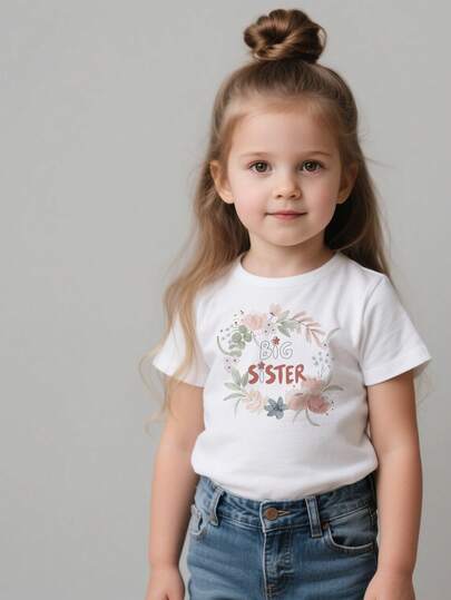 2-5y Girls Big Sister Pattern Elastic Baby Summer Clothes Young Girl Tops Short Sleeve T-Shirt