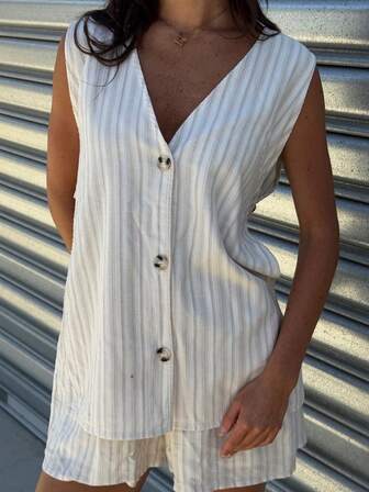 2pcs/Set Plus Size Women Plain Color Button-Front Shirt