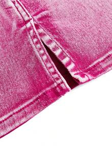 女士时尚休闲粉色雪花印花弹力牛仔裙，后袋裙，蝴蝶结和开衩下摆设计 - 玫紅色 - 查看 4