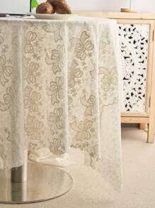 1pc French Style Minimalist Cream Lace Tablecloth With Embroidered Flowers And Bells, Suitable For Outdoor Wedding Decor, TV Cabinet Cover, Birthday Party, Afternoon Tea, Garden Photoshoot Background, All Seasons