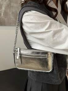 Geantă plic, poșetă clutch la modă, geantă de mână pentru femei argintiu metalic, geantă de mână cu umăr cu lanț, geantă pătrată mică cu fermoar - Argintiu strălucitor - Vizualizare 7