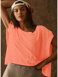 Women Short Sve Workout Shirts Open Back Tops Casual Yoga Y2k Athletic Gym Slouchy Crop Running Tees - Coral - 查看 2