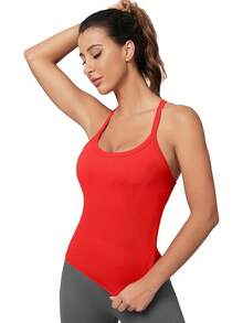 Workout Tops Women With Built In Bra, Sleeveless Gym Tops Seamless Racerback Athletic Yoga Shirts, Activewear - 紅色 - 查看 2