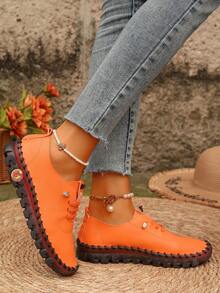 新款系带平底休闲鞋女特大码防滑牛皮底手工缝制鞋底舒适妈妈鞋适合跨境电商