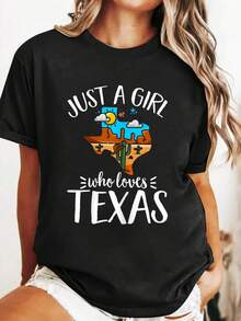 Camiseta de algodón de verano con gráfico "Solo una chica que ama a Texas" para niños y mujeres, camisetas gráficas tops para mujeres - Negro - Ver 1