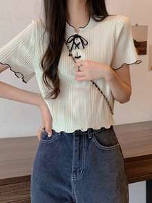 女式夏季撞色修身短袖针织上衣 - 杏色 - 查看 4