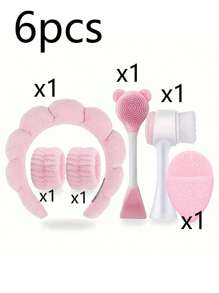 6pcs/Set Face Cleaning Tools - Includes Portable Headband + 2 Wrist Bands, Silicone Facial Cleansing Brush, Cleansing Pad + Dual-Head Face Mask Brush - Makeup Remover Puff - Travel Portable Facial Cleaning Kit - Suitable For Home Beauty Routines, Outdoor Travel, Ideal For Business Trips For Men And Women