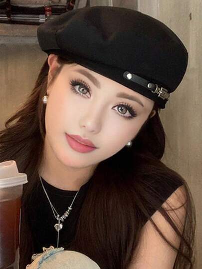 1 件女士纯色日式金属扣贝雷帽，时尚，适合春夏季，复古、优雅、别致、个性化氛围，高品质、休闲、简约、防晒、瘦脸、多功能、舒适，适合艺术家素描、露营、骑自行车、徒步旅行、海滩、派对、游艇、日常穿着和摄影