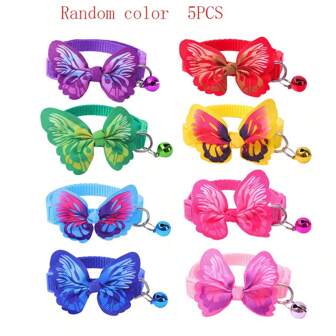 Set de 5 collares de poliéster con mariposas y campanas de colores aleatorios, adecuados para gatos y perros pequeños/medianos, para uso en interiores y exteriores