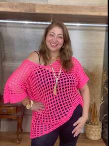 Women's Loose Beach Cover-Up Summer Bat Sleeve Knit Lace Overlay Crochet Style Stitch Blouse - Màu Hồng Tươi - Xem 1