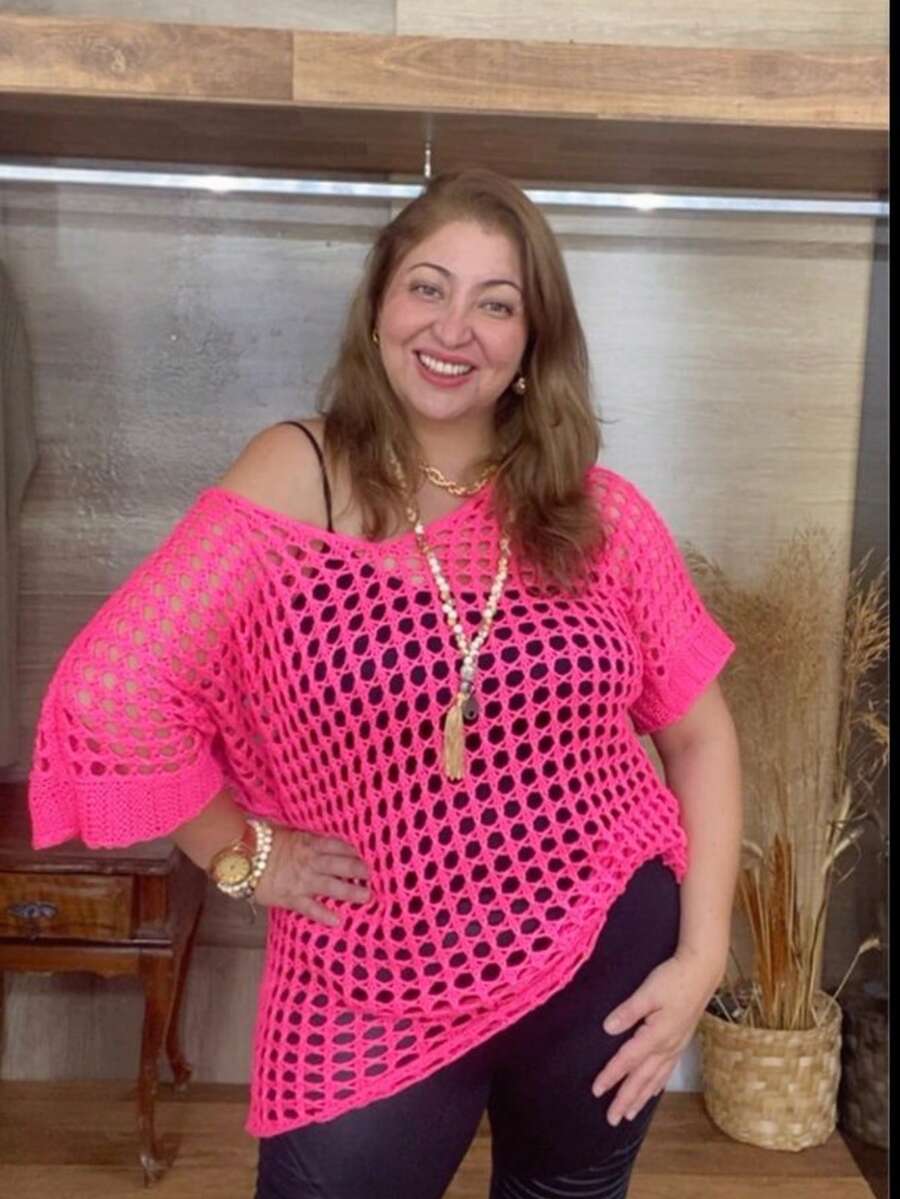 Women's Loose Beach Cover-Up Summer Bat Sleeve Knit Lace Overlay Crochet Style Stitch Blouse - Màu Hồng Tươi - Xem 1