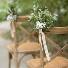 Artificial Flowers With Tulle Ribbon Lavender Eucalyptus Leaves Arrangement, Wedding Ceremony Chair Back Floral Decor For Reception Church Party Outdoor