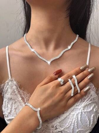 4pcs Elegant Women Shiny Crystal Necklace Set, Luxury Formal Dress Necklace, Earrings, Bracelet And Ring Jewelry Bridal Accessories