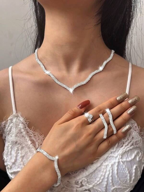 4pcs Elegant Women Shiny Crystal Necklace Set, Luxury Formal Dress Necklace, Earrings, Bracelet And Ring Jewelry Bridal Accessories