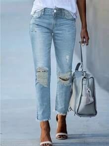 European & American Casual Holiday Ripped Stretchy Women Jeans - Medium Wash - View 1