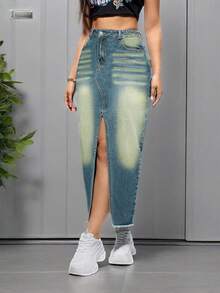 Women's Stretch Denim Long Skirt, Center Slit | Sexy Slim Button Zipper Closure, Side Pockets For Street Wear, Elegant Split Stretch Skirt, Suitable For Daily Fashion And Urban Wear - Rửa trung bình - Xem 3