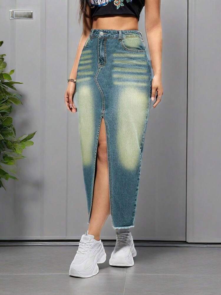 Women's Stretch Denim Long Skirt, Center Slit | Sexy Slim Button Zipper Closure, Side Pockets For Street Wear, Elegant Split Stretch Skirt, Suitable For Daily Fashion And Urban Wear - 中等水洗藍 - 查看 3