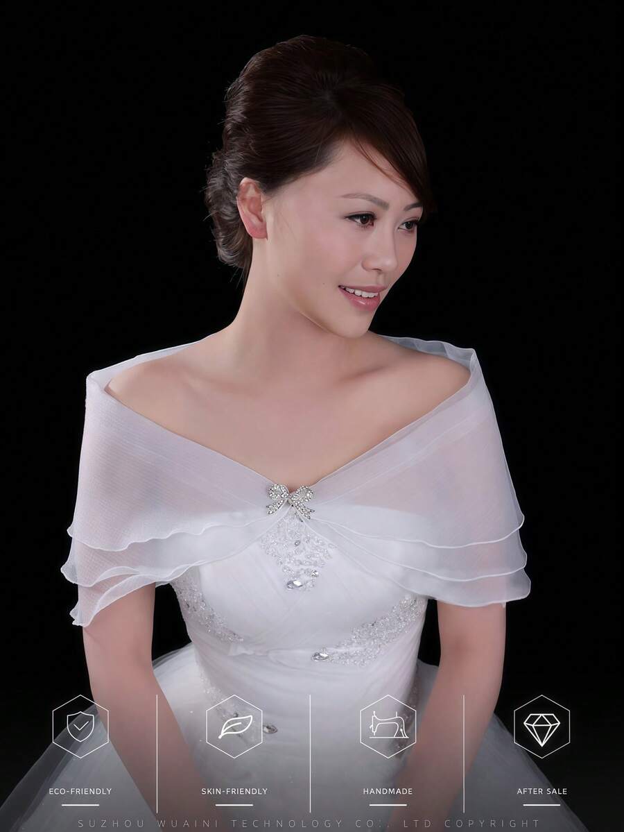 1pc European Style Bride Shawl, 3-Layer Tulle Capelet With Ruffle Edge And Bowknot Closure For Wedding Dress - White - View 1