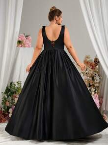 优雅纯色方领蝴蝶结设计缎面摇摆舞会礼服，适合生日派对、婚礼嘉宾、晚宴 - 黑色 - 查看 2