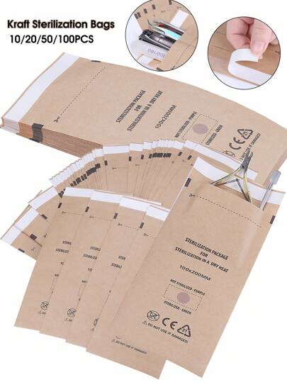 Sacos de esterilização autovedantes 10/20/50/100 peças, sacos descartáveis kraft autovedantes 20x10 cm, bolsas de manicure, pacote de limpeza para desinfecção de unhas com calor seco de alta temperatura para ferramentas de nail art, salões e spas, suprimentos para cuidados com as unhas