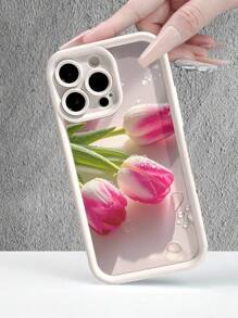 Flower Phone Case Tulip Flower Painted Grooved Beige Print Protective Phone Case, Fits & Galaxy Models