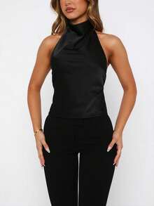 Women's Satin Backless Halter Tops Y2K Solid Color Sleeveless Open Back Slim Fit Crop Tank Tops Summer Going Out Tops Croppped Vests Shirts Party Club Streetwear