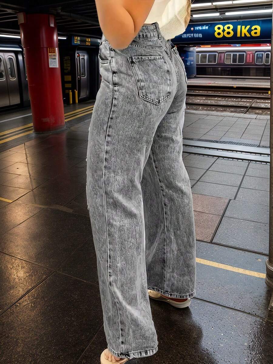 Vaqueros elásticos ajustados y cómodos para mujer, estilo clásico de lavado Snowflake, para todas las estaciones. - Gris Claro - Ver 1