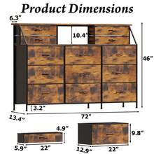 72" Extra Wide Bedroom Dresser With 13 Large Drawers & 2 Shelves, Fabric Design, Sturdy Metal Frame & Wood Top For Closet Organization - Brown - View 3