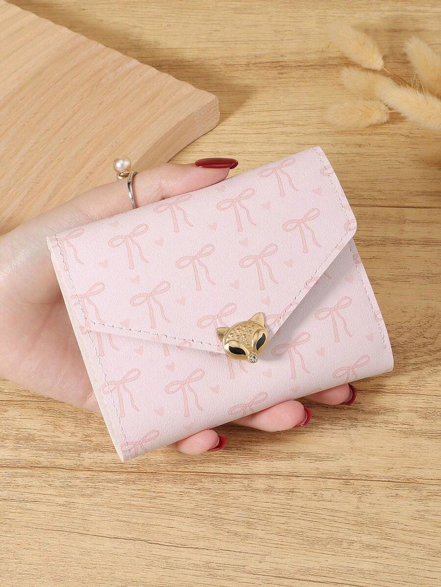 Pink Love & Bow Print 3-Fold Wallet Purse, Fox Head Metal Hardware With Multi-Card Slots, ID Window & Bill Compartment, Unisex Slim Compact For Daily Use, Travel & Shopping, Cute Lightweight Accessory - Pink - View 1