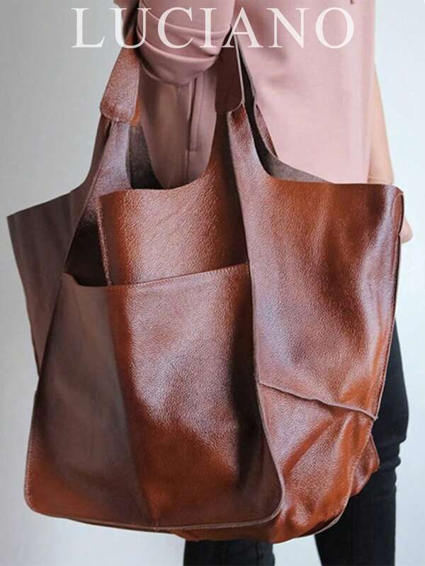 New Autumn And Winter Fashion Super Large Capacity Tote Bag Women's Niche Shoulder Portable Retro Retro Large Bag Simple Slouchy Style Commuting Travel Shopping Shopping Bag Leisure Travel Luggage Bag Going Out Armpit Bag Versatile Multi-Color Brown