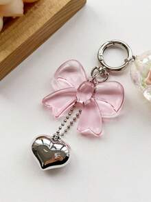 1 件男女通用新款半透明粉色蝴蝶结心形吊坠钥匙扣，时尚蝴蝶结装饰包饰汽车配饰学校可爱哥特 Y2k 包饰挂绳带身份证夹汽车配饰包饰圣诞礼物 - 彩色 - 查看 2