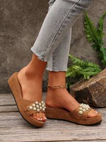 Women's Fashion Pearl Decor Wedge Slide Sandals, Suitable For Wedding, Party, Vacation, Casual Wear, Thick-Soled Slippers