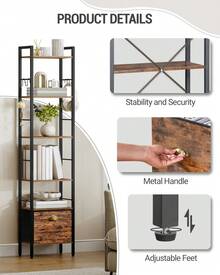 HEXCELEN Bookshelf, 6-Tier Vertical Bookcase With 1 Drawer, Open Shelf, Industrial Style, Metal Frame, Suitable For Study, Living Room, Bedroom, Kitchen, Brown - Rust Brown - View 2