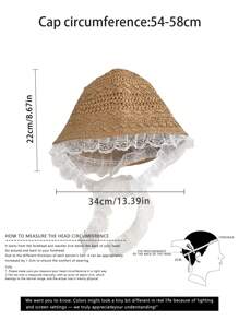 1pc French Lace Brim Straw Hat, Elegant Solid Color Hollow Woven Sun Hat With Lace Ribbons, For Beach, Outdoor, Picnic, Summer