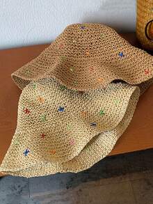 1pc Handmade Crochet Women Sun Hat, Foldable Casual Beach Visor, Fashionable Colorful Hollow Out Breathable Sunhat For Holiday, UV Protection - A - View 2