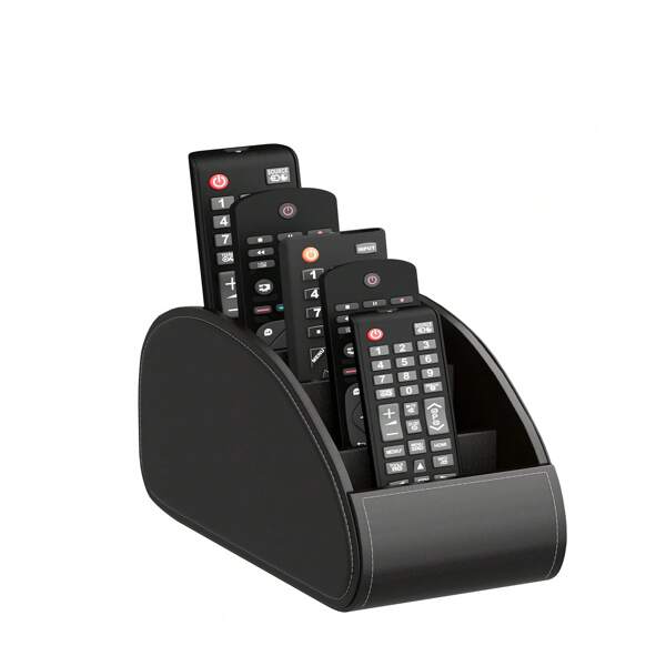 1pc TV Remote Control Holder With 5 Compartments,Pu Leather Remote Caddy/Box/Tray Bedside Table Desk Storage Organizer For DVD, Blu-Ray, Media Player, Heater Controllers And Cosmetics Office Supplies