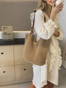 New Hollow Handbag Ladies Large Capacity Straw Handbag Shoulder Bag Retro Travel Beach Bag Shopping Bag Beach Bag Summer Vacation Beach Bag - Khaki - View 4