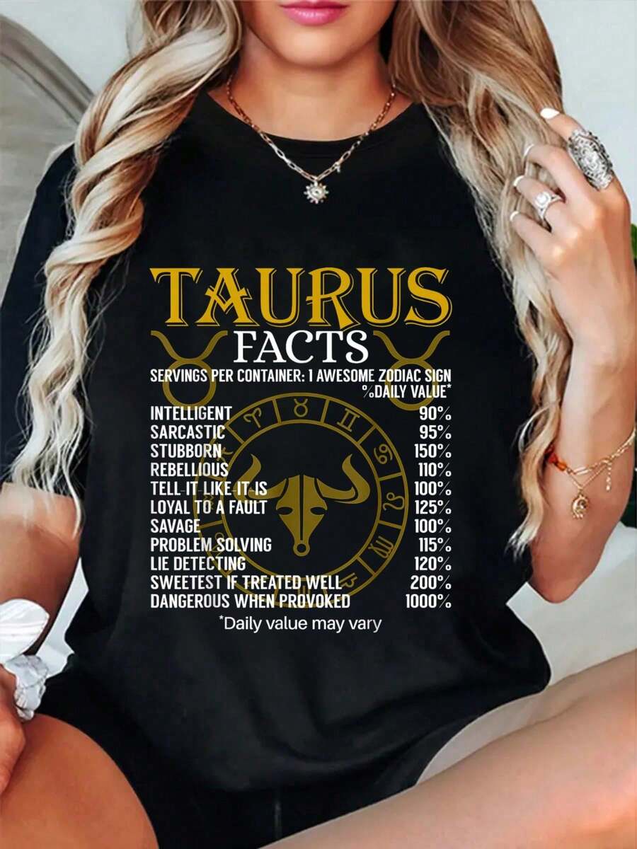 100% Cotton Taurus Facts Zodiac Sign T-Shirt T-Shirt - 黑色 - 查看 1