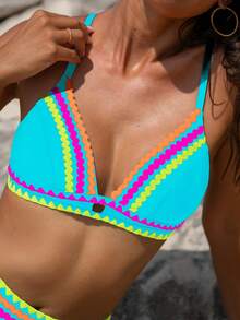 popvil Beach Rainbow Ribbon Triangle Self Tie Black Vacation Bikini Set - Blue - View 4