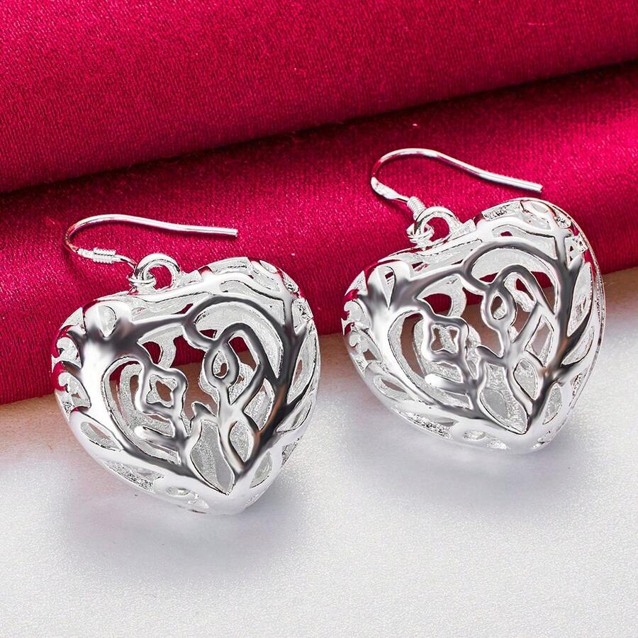 925 Sterling Silver Plated Heart-Shaped Geometric Hollow Earrings Charm Women Jewelry Fashion Wedding Engagement Party Gift - Silver - View 1