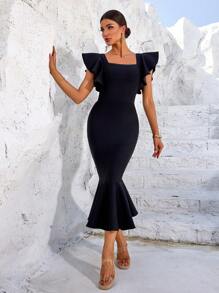 Bernatova Vestiti a tubino neri sexy da donna con balze, per cocktail a coda di sirena, per la primavera/estate. Vestiti da sera midi a fascia per celebrità, a lunghezza media, adatti per feste di nozze, cerimonie di premiazione, festival, compleanni, cene