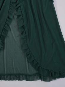 Set de 2 piezas (Ropa, Estampado) Vestido de encaje verde con volantes y escote en V talla grande tamaño y conjunto de lencería sexy con tanga para mujeres en Navidad