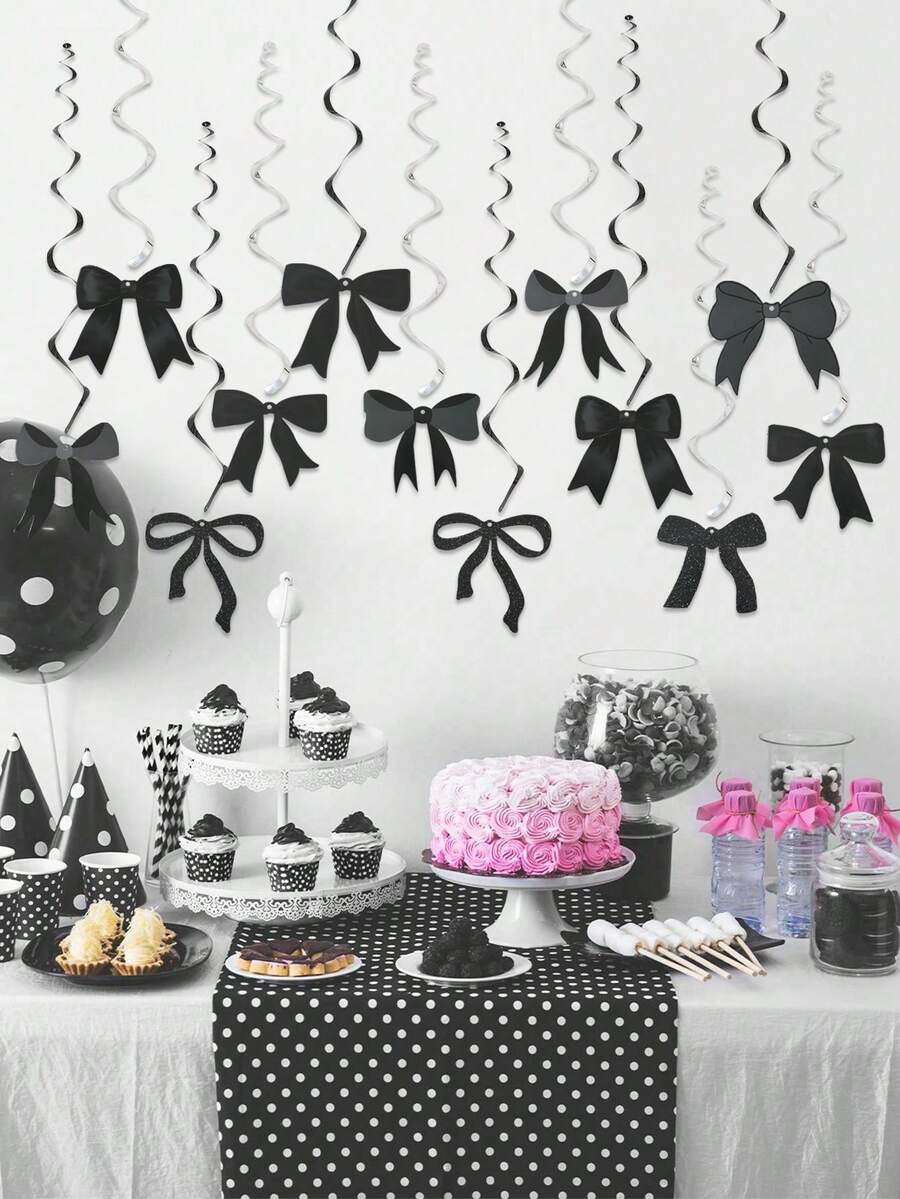 12pcs/Set Black Bow Party Hanging Swirls Decorations, Bow Birthday Party Decorations, Birthday Party Bow Party Decorations For Bow Birthday Shower Rustic Wedding Bridal Shower Babyshower Bachelorette Party Decor Mother's Day Graduation