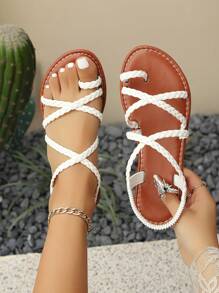 New Spring Women Plus Size Flat Woven Strap Sandals, Open Toe Cross Strap Slip On Casual Beach Chic Shoes, Suitable For Gatherings