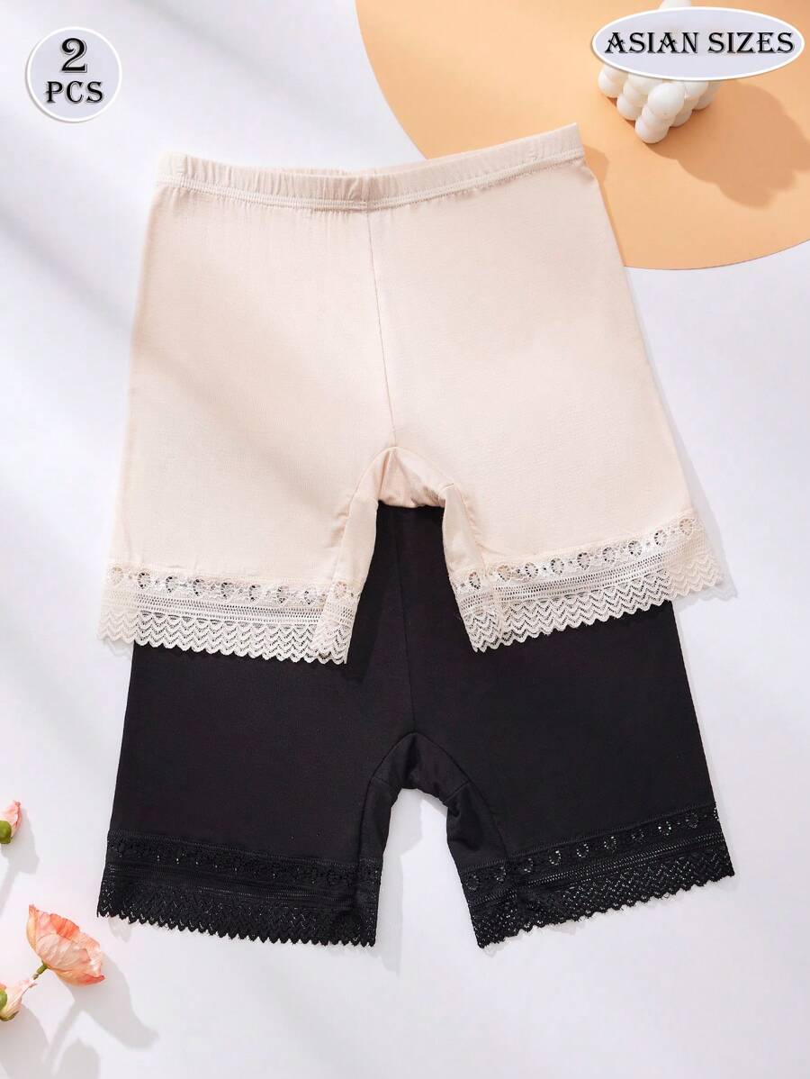 2 Stück Damen Leggings, Damen Leichte Hosen, Damen Hosen, Spitzenrand Shorts, Süße Interracial Unterwäsche, Grundlegende Leichtgewicht, Hochzeit Elegante Damen Wäsche, Schwarze Wäsche